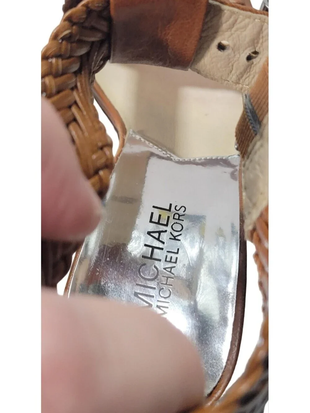 MICHAEL KORS LADIES BROWN BRADED LEATHER THONG HEELS ANKLE STRAP SIZE 9M